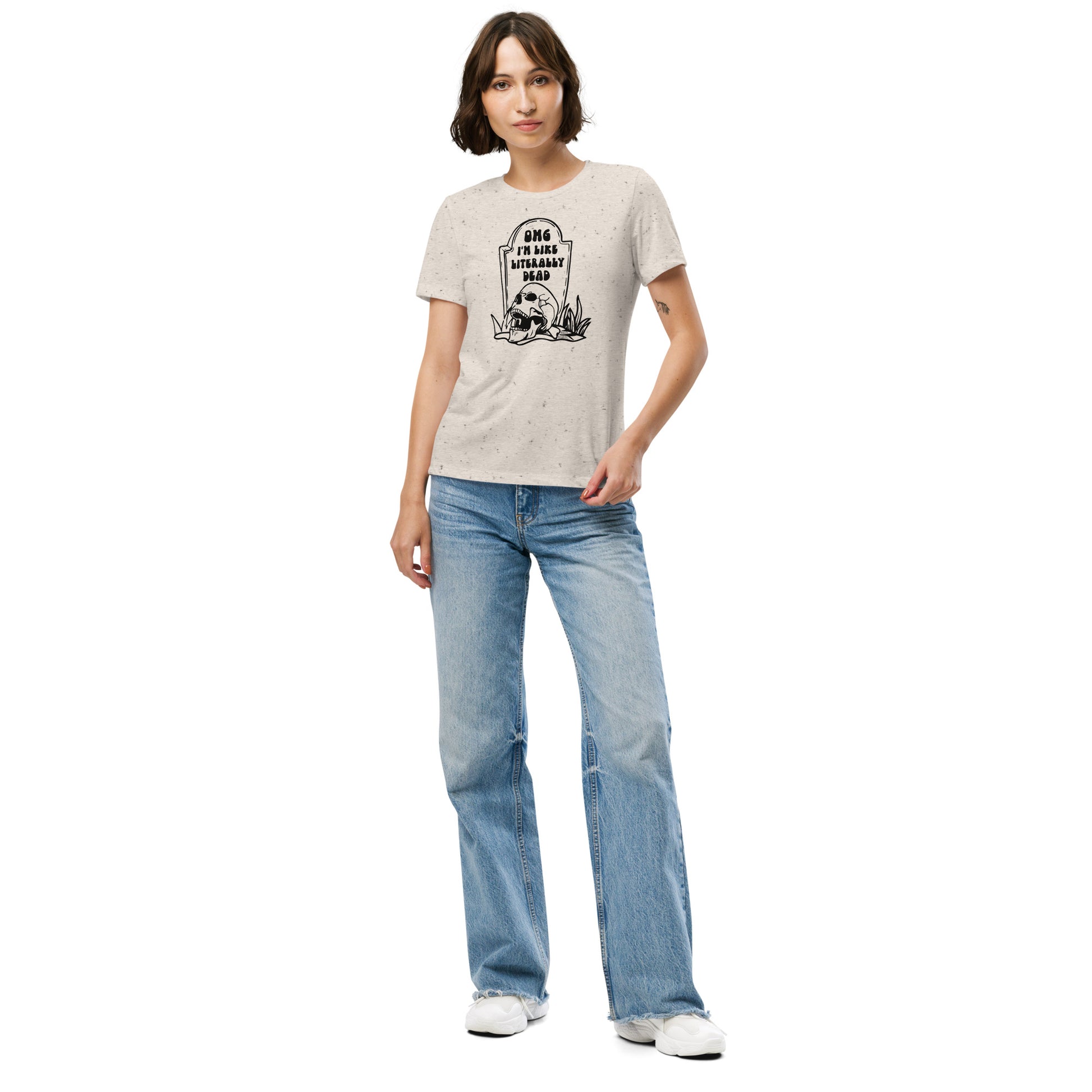 oatmeal "OMG Dead" Women's relaxed tri-blend t-shirt from Daily Dreadful