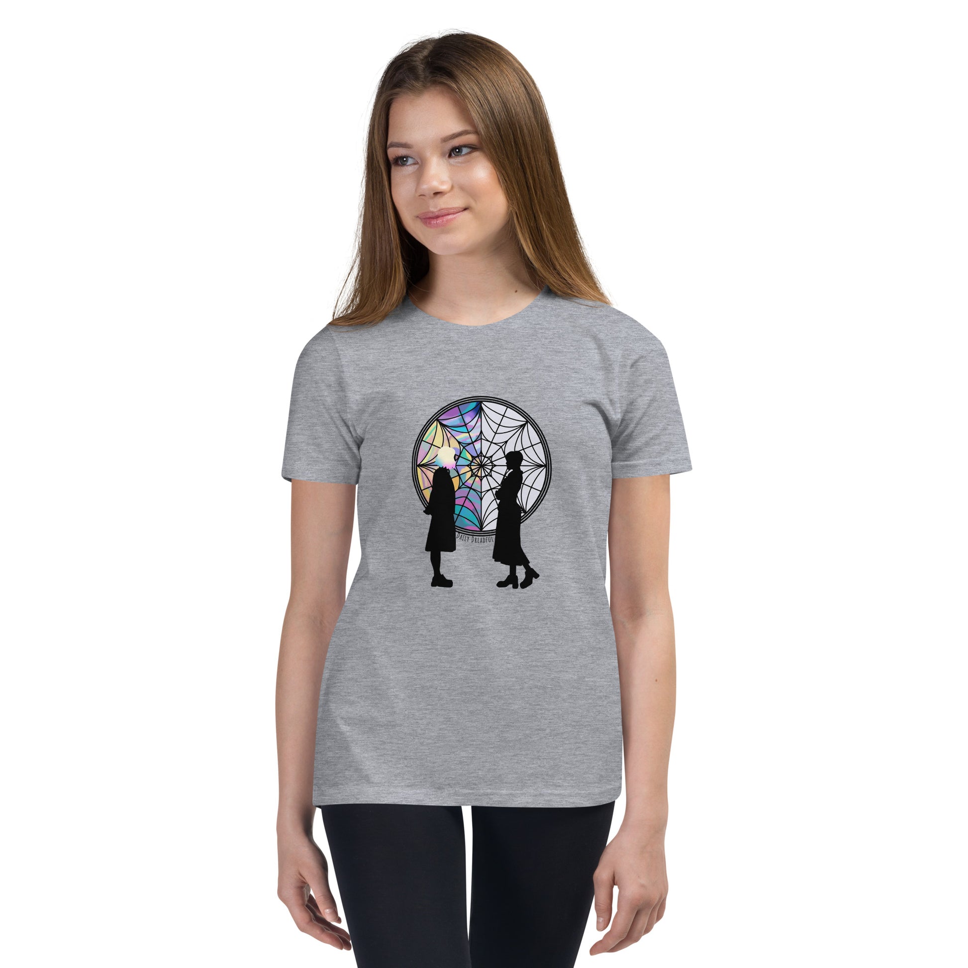 athletic heather "Wednesday Addams and Enid" Youth Short Sleeve T-Shirt from Daily Dreadful