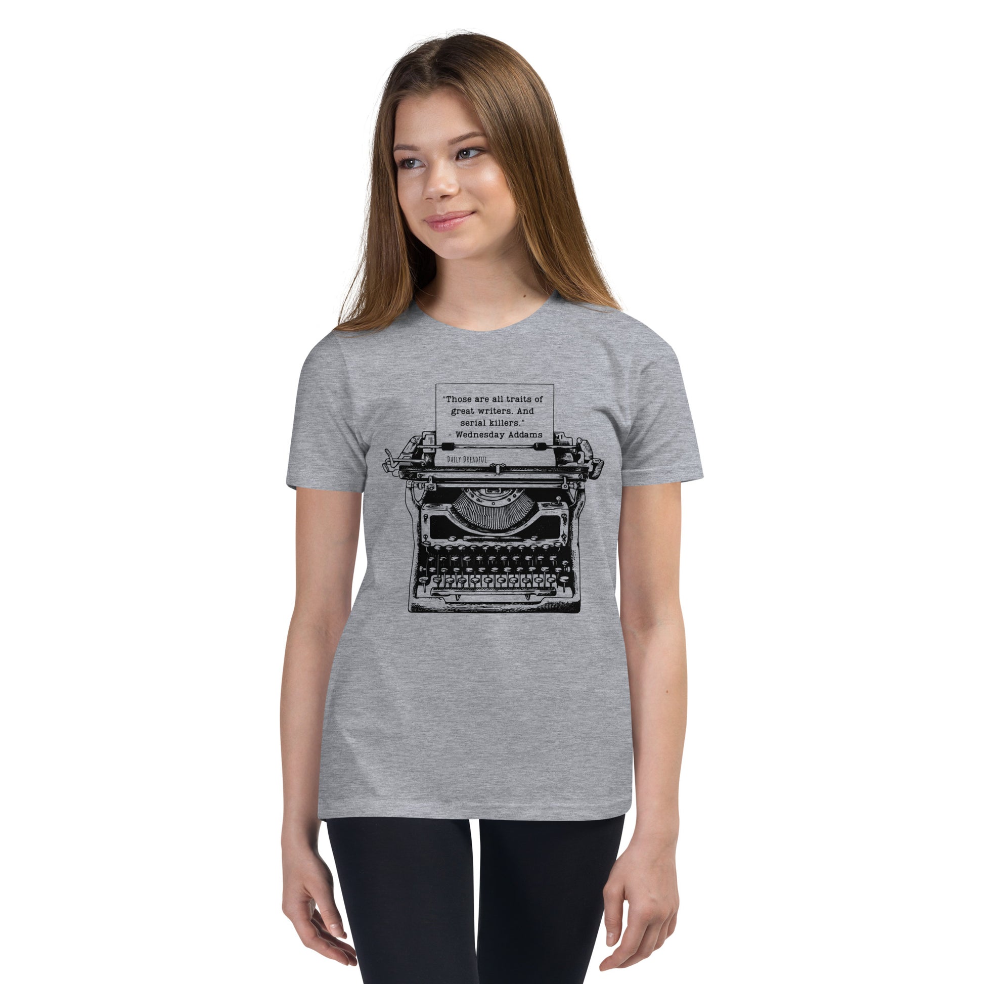 athletic heather "Wednesday Addams Typewriter" Youth Short Sleeve T-Shirt from Daily Dreadful