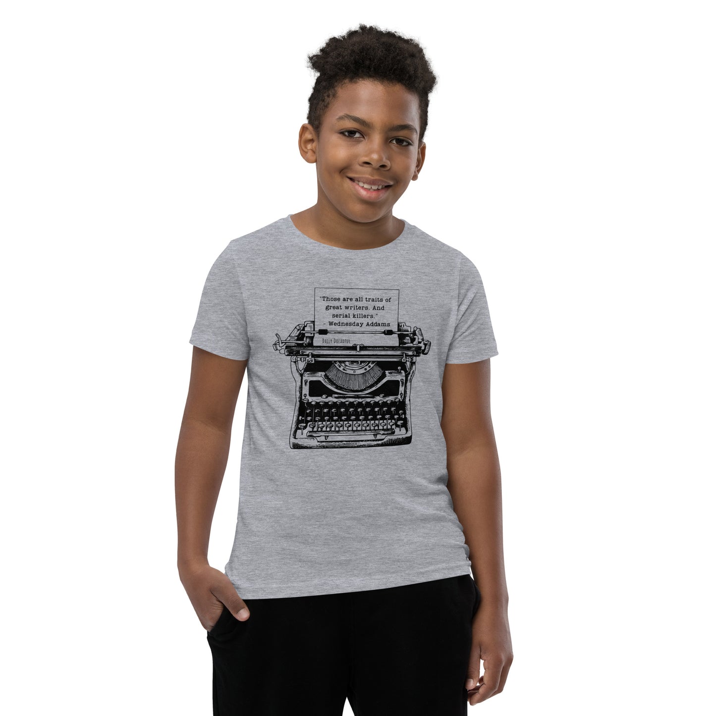 athletic heather "Wednesday Addams Typewriter" Youth Short Sleeve T-Shirt from Daily Dreadful