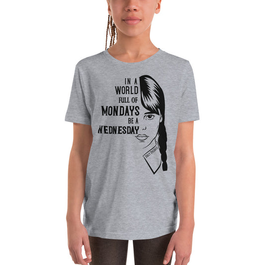 Grey short sleeve shirt with a half wednesday face and text "in a world full of mondays be a wednesday"