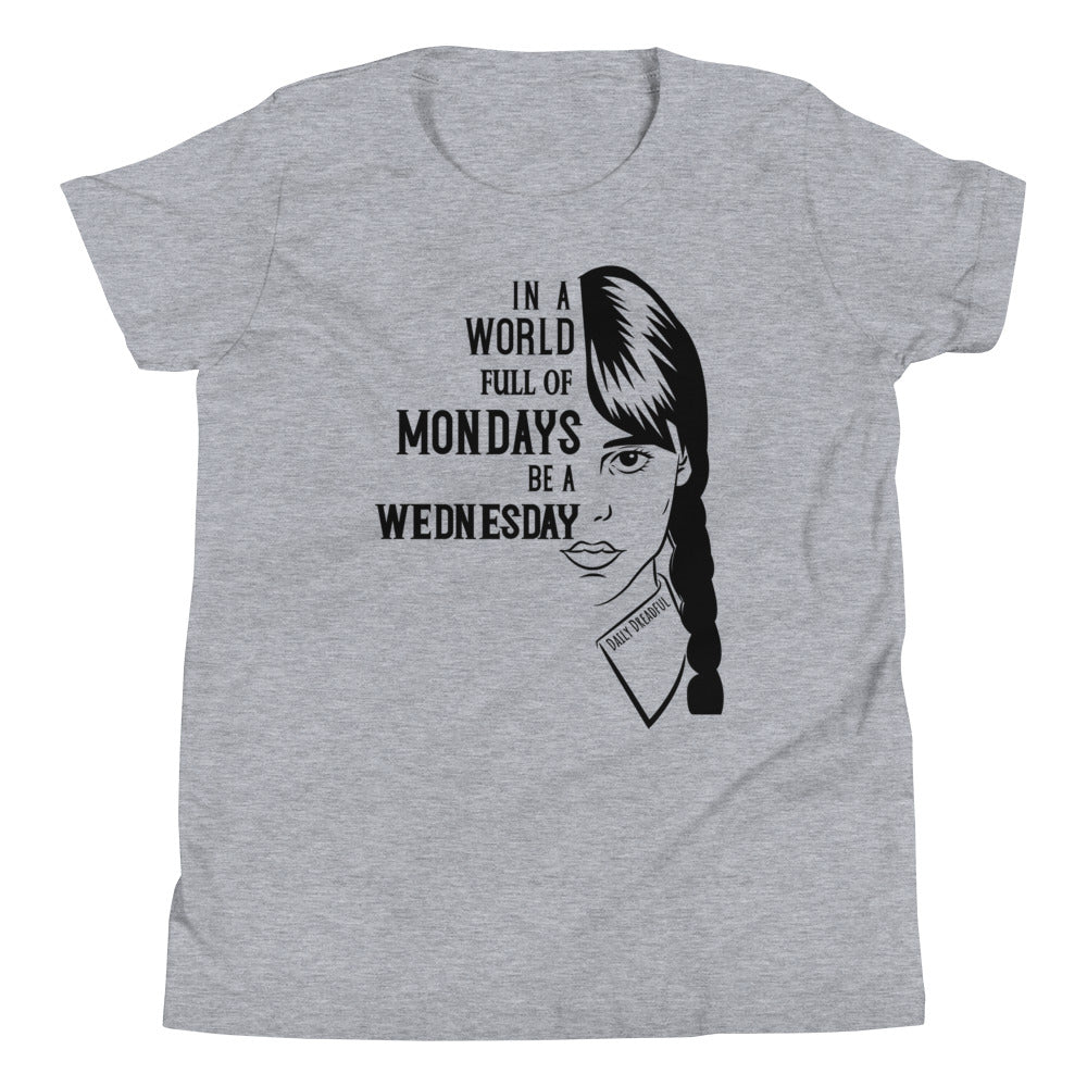 Grey short sleeve shirt with a half wednesday face and text "in a world full of mondays be a wednesday"