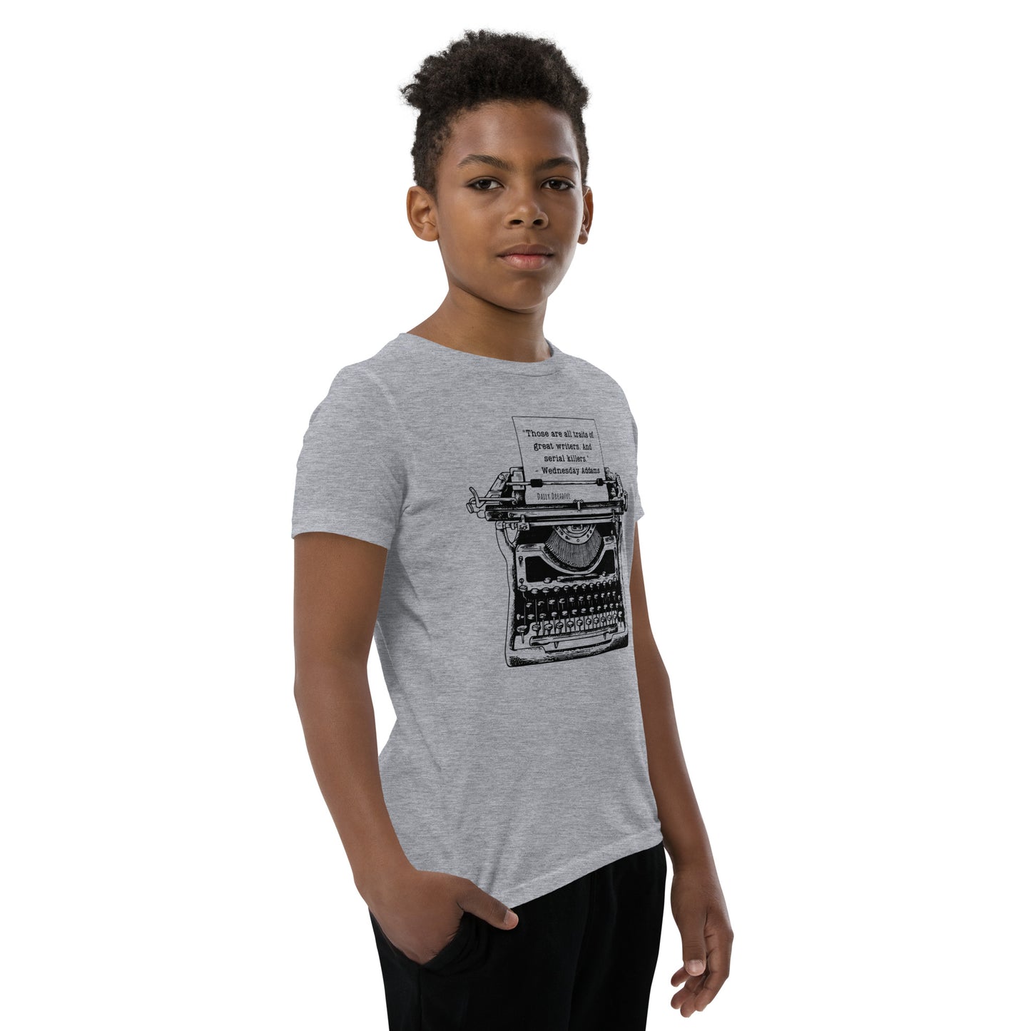athletic heather "Wednesday Addams Typewriter" Youth Short Sleeve T-Shirt from Daily Dreadful