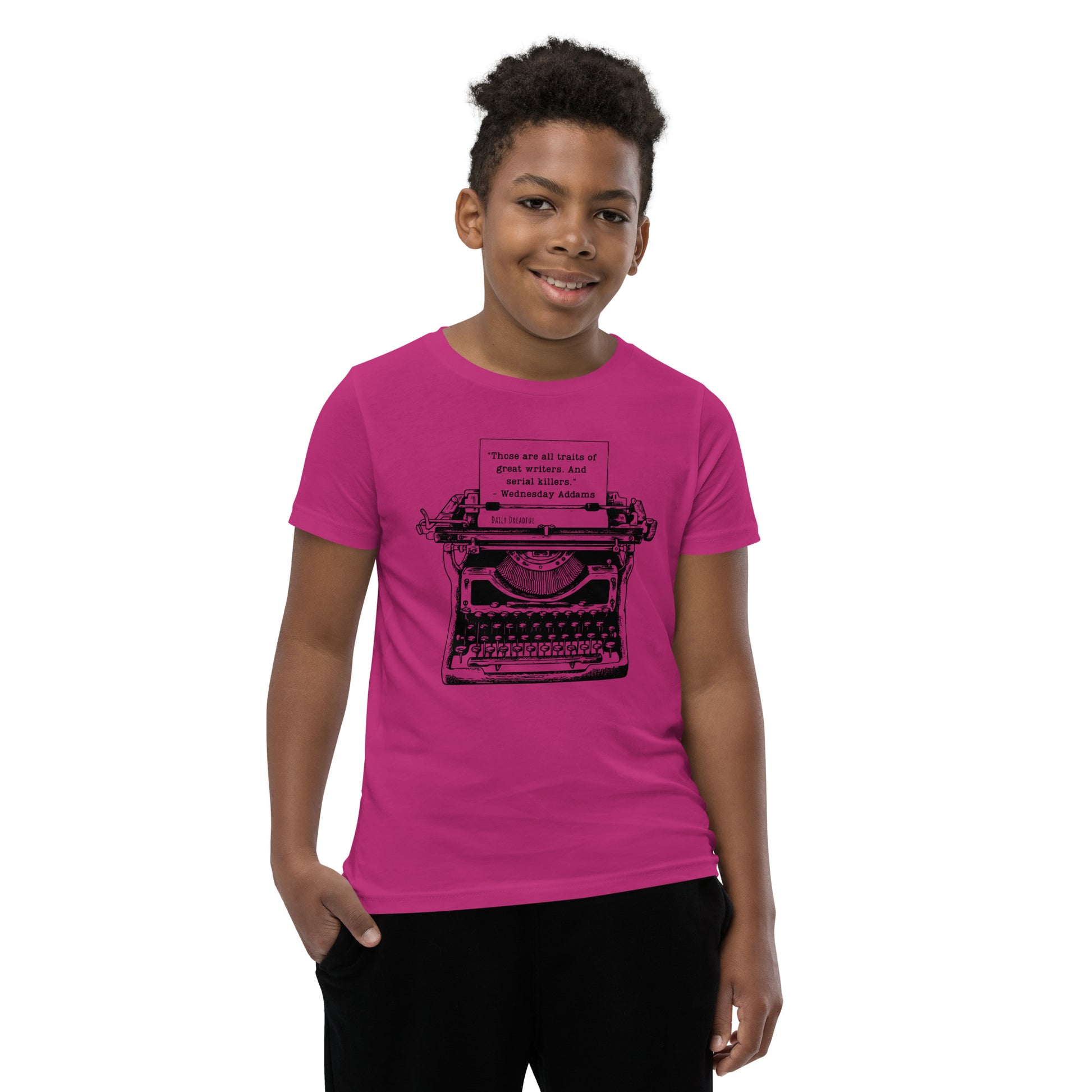 berry "Wednesday Addams Typewriter" Youth Short Sleeve T-Shirt from Daily Dreadful