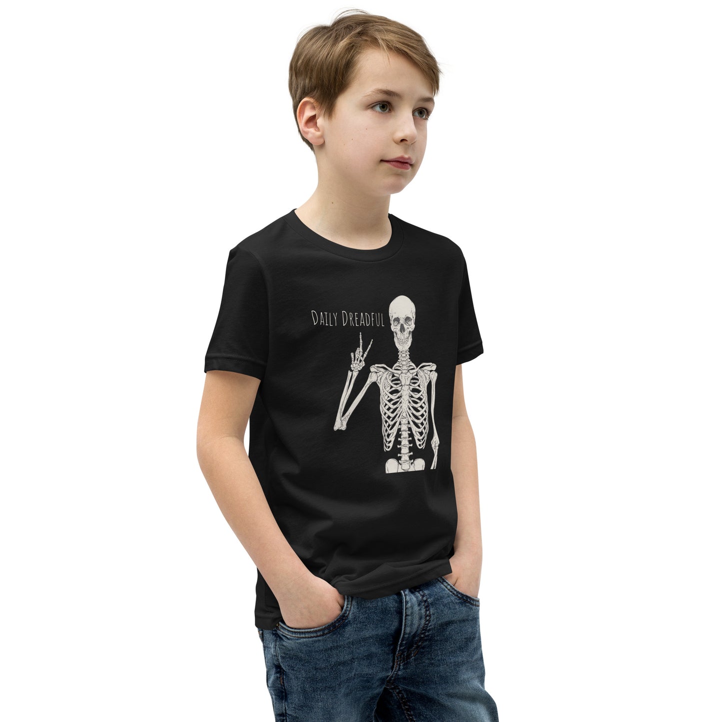 black "Peace Out, Skelly" youth t-shirt from Daily Dreadful