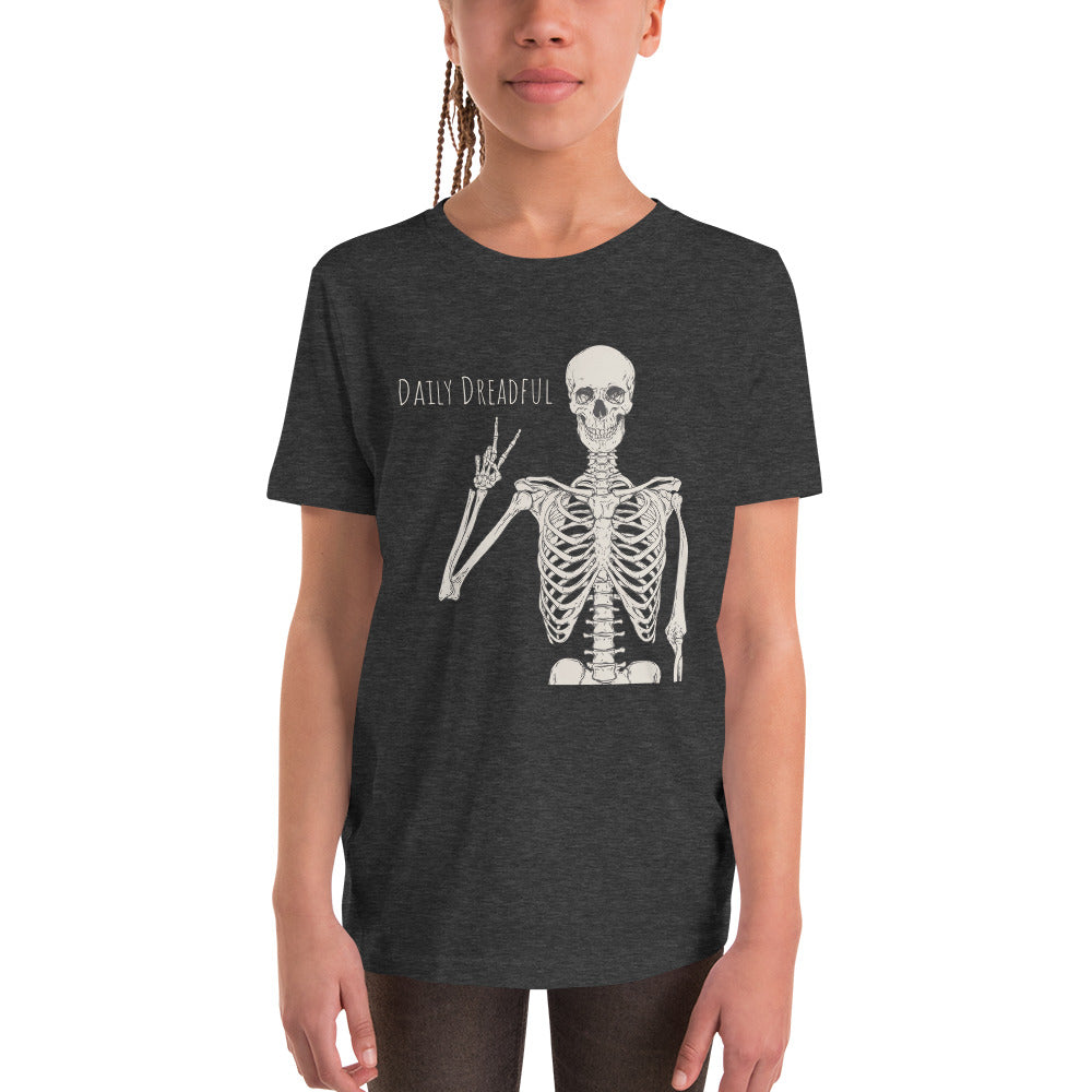 dark grey heather "Peace Out, Skelly" youth t-shirt from Daily Dreadful