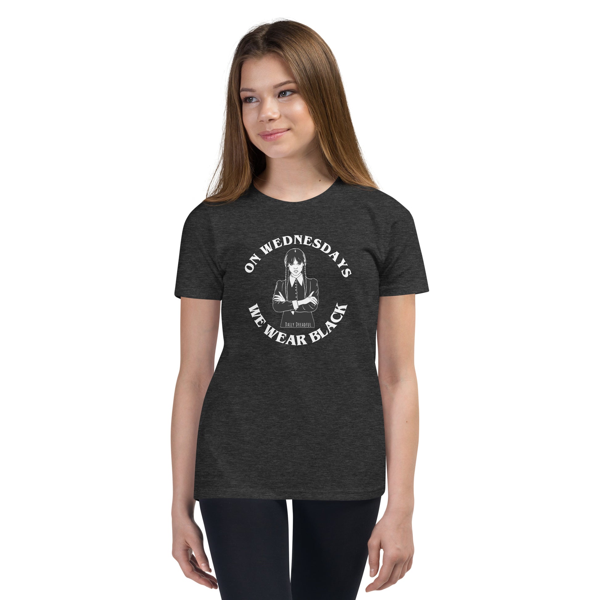 dark grey short sleeve shirt with Wednesday's we wear black