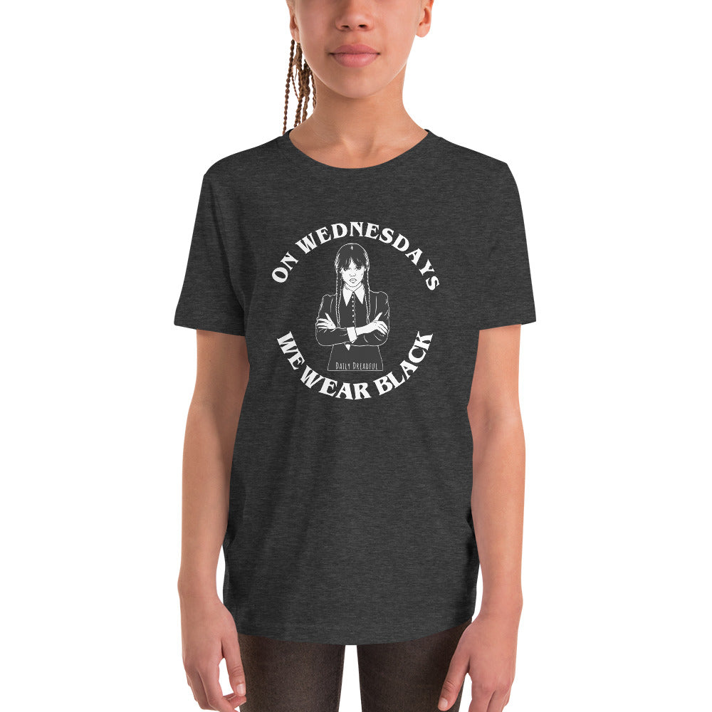 dark grey short sleeve shirt with Wednesday's we wear black