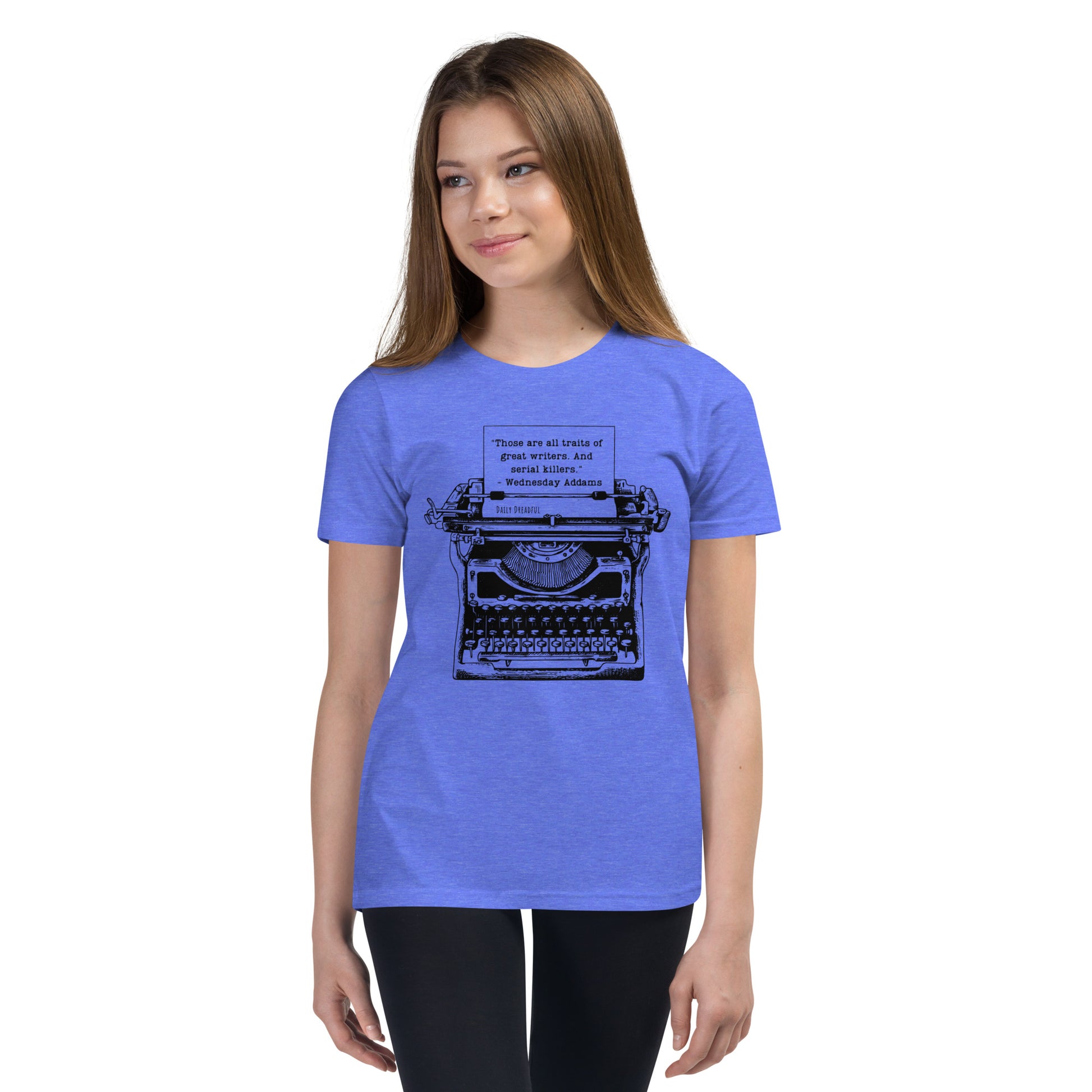 heather columbia blue "Wednesday Addams Typewriter" Youth Short Sleeve T-Shirt from Daily Dreadful