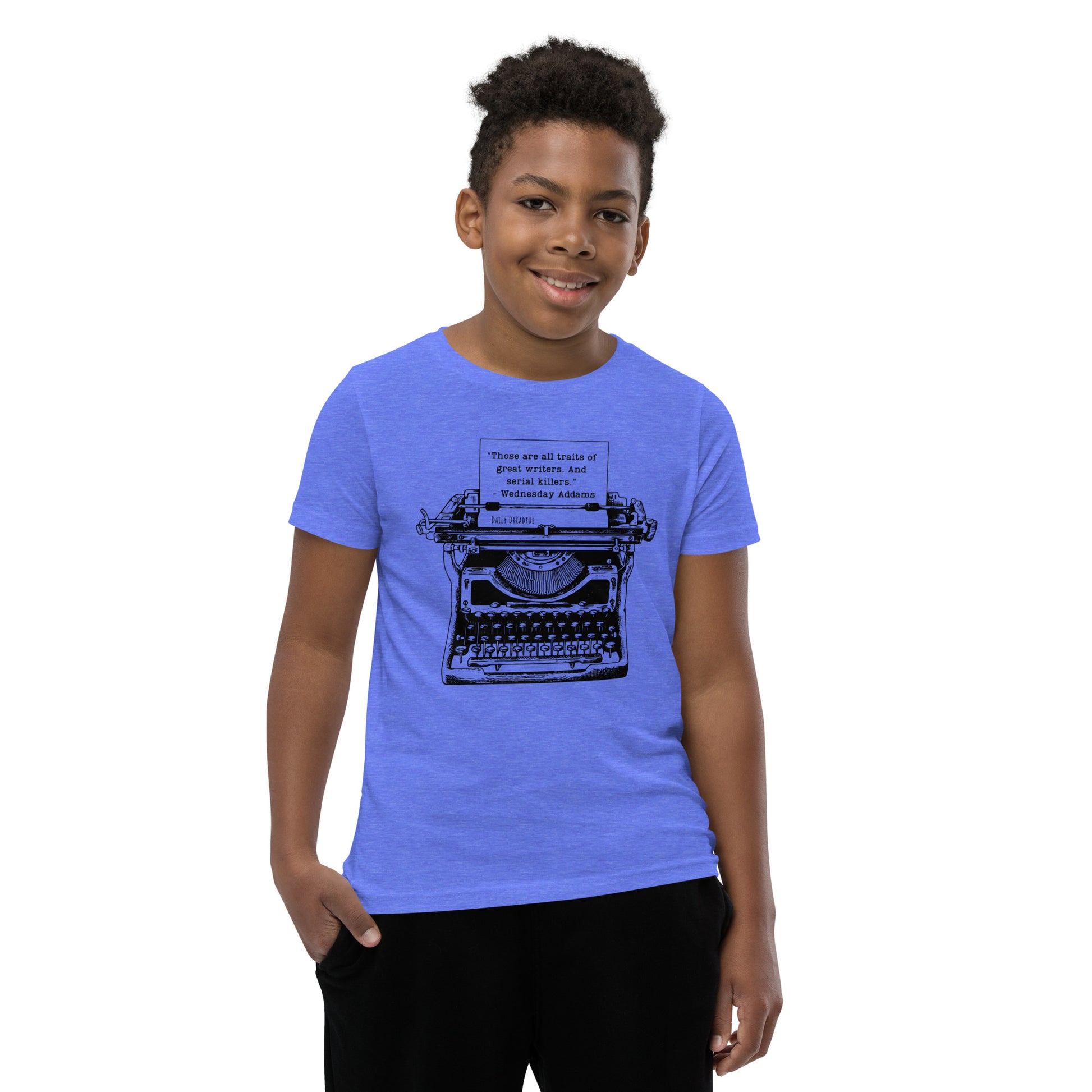 heather columbia blue "Wednesday Addams Typewriter" Youth Short Sleeve T-Shirt from Daily Dreadful
