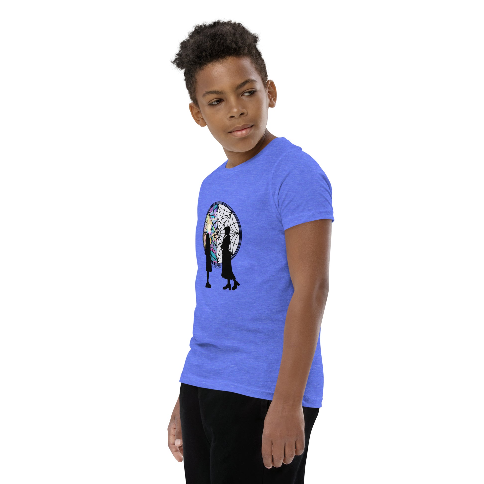 heather columbia blue "Wednesday Addams and Enid" Youth Short Sleeve T-Shirt from Daily Dreadful