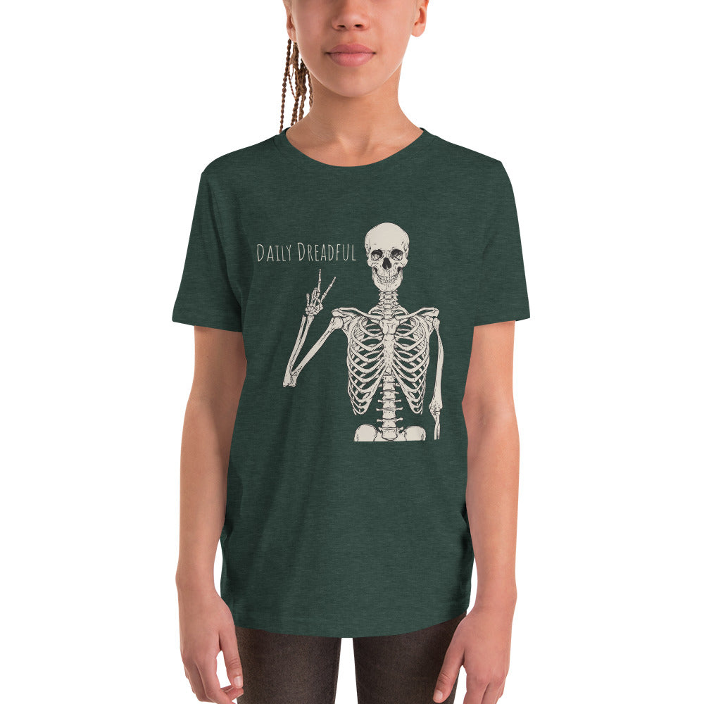 heather forest "Peace Out, Skelly" youth t-shirt from Daily Dreadful