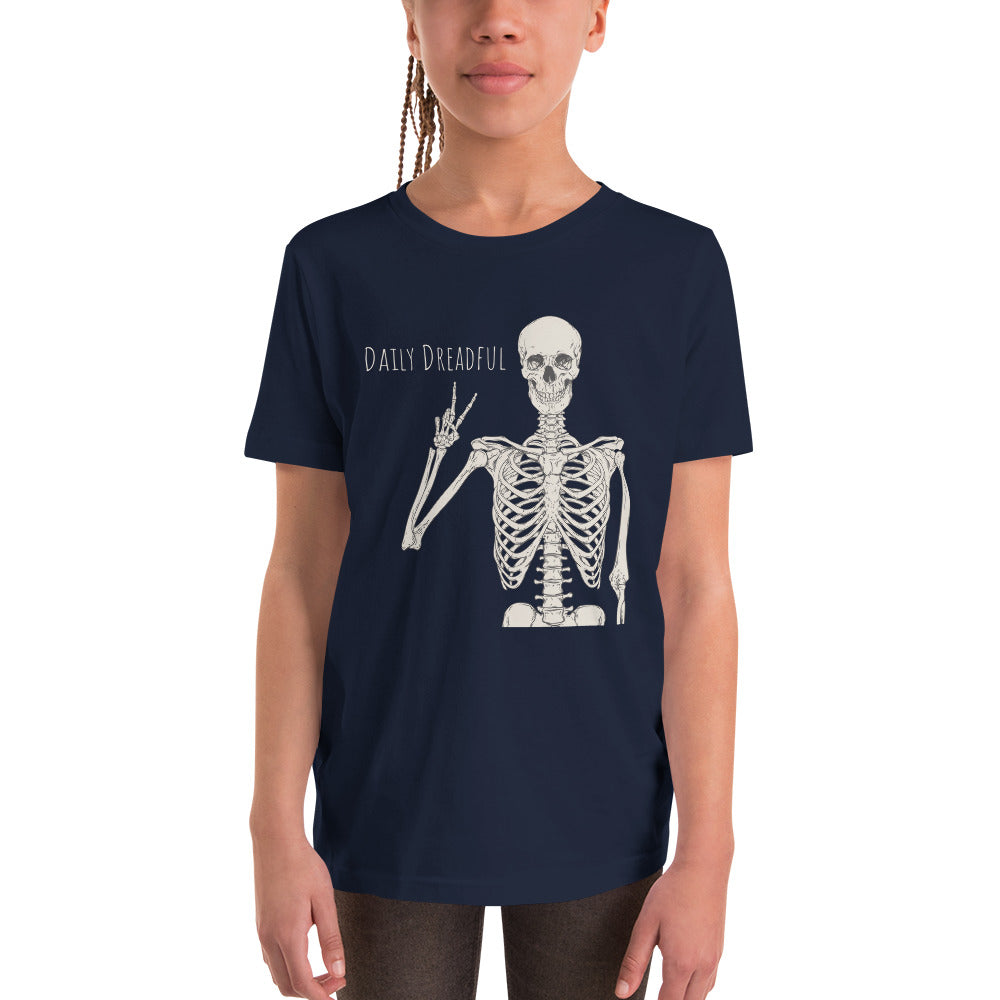 navy "Peace Out, Skelly" youth t-shirt from Daily Dreadful