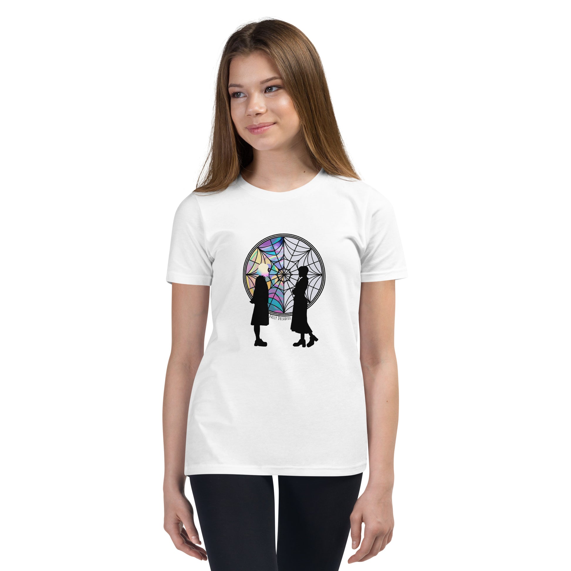 white "Wednesday Addams and Enid" Youth Short Sleeve T-Shirt from Daily Dreadful