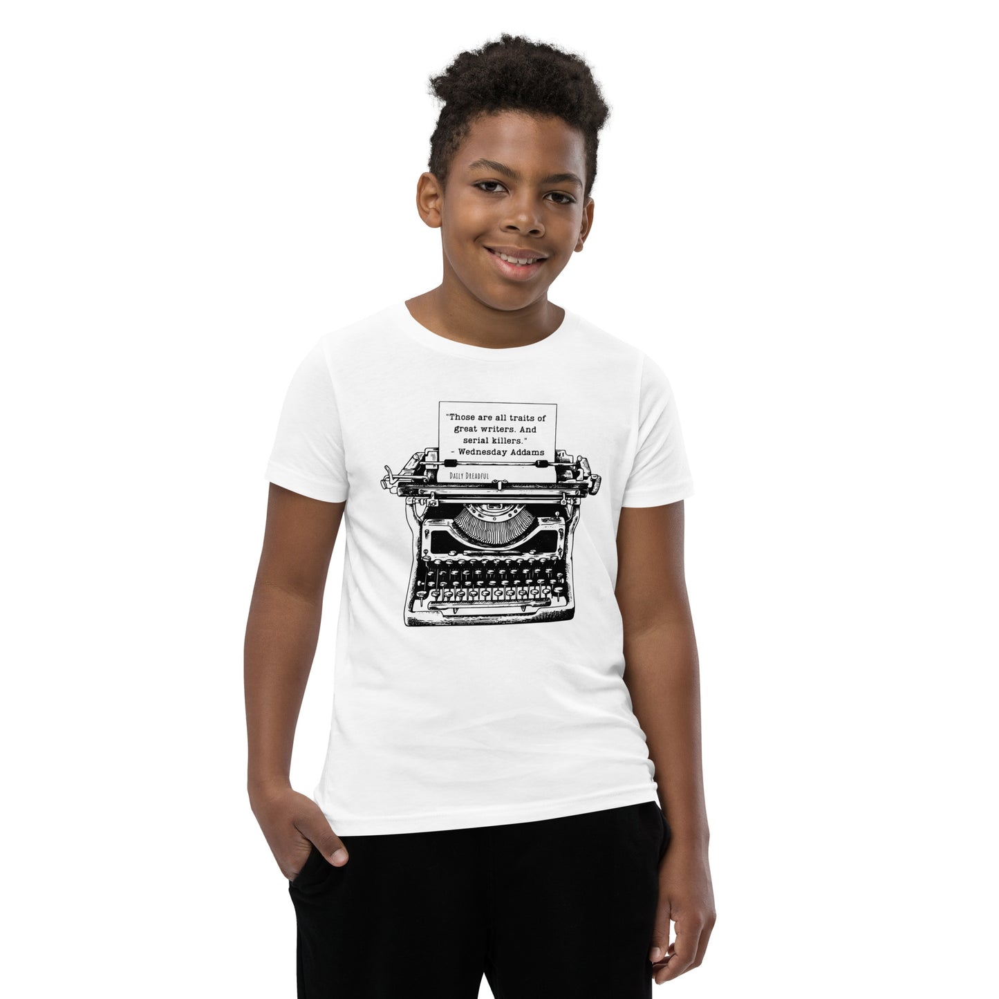 white "Wednesday Addams Typewriter" Youth Short Sleeve T-Shirt from Daily Dreadful
