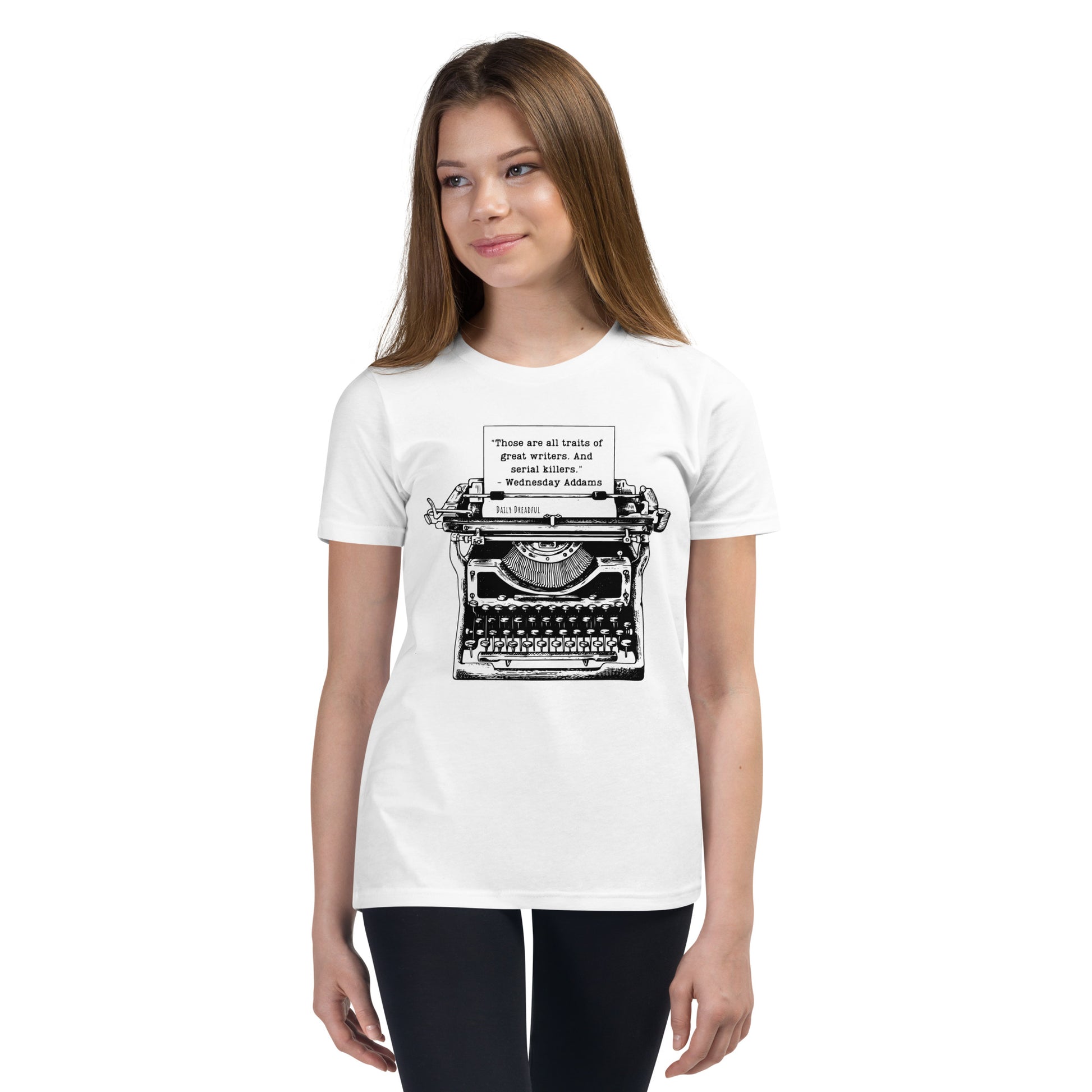 white "Wednesday Addams Typewriter" Youth Short Sleeve T-Shirt from Daily Dreadful