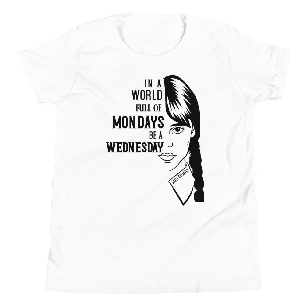 white short sleeve shirt with a half wednesday face and text "in a world full of mondays be a wednesday"
